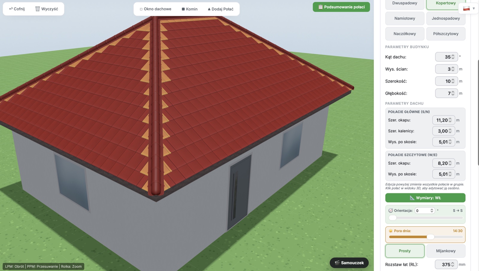 Kreator 3D: dach kopertowy w kolorze czerwonym z widocznym układem dachówek