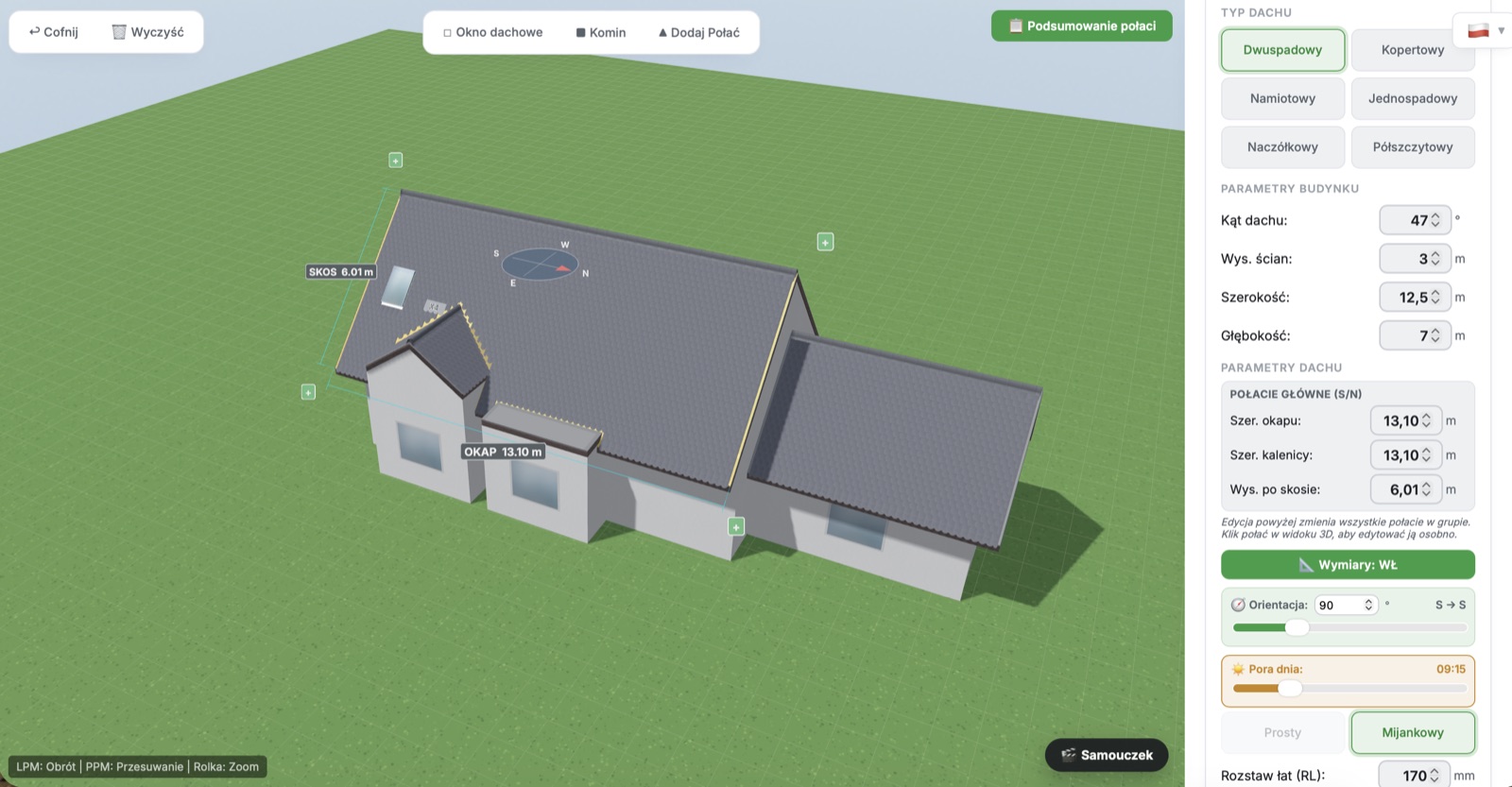 Kreator 3D: model domu z dachem dwuspadowym, oknem dachowym i naniesionymi wymiarami