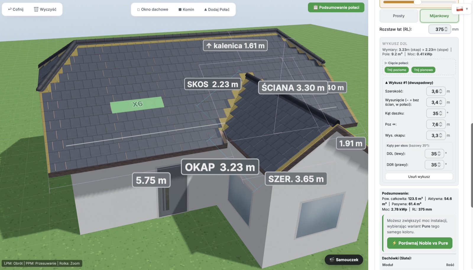Kreator 3D: dach z wykuszem, naniesione wymiary połaci i podsumowanie mocy instalacji